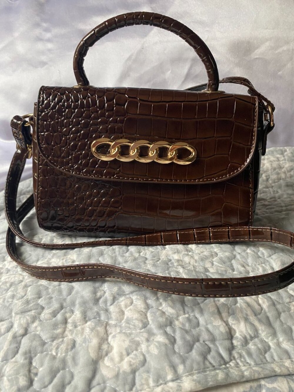 Crossi Brown Crossbody Faux Patent Croc w/gold Chain detail handle and strap